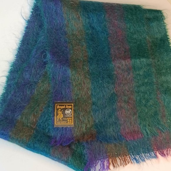 SOLD - Vintage Royal Scot Mohair Wool Scarf Dark Blue Purple Maroon Multicolor - Picture 7 of 8